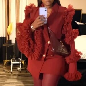 AKIRA LIVING OVER THE TOP RUFFLE SLEEVE BLAZER MINI DRESS IN BURGUNDY Size LL